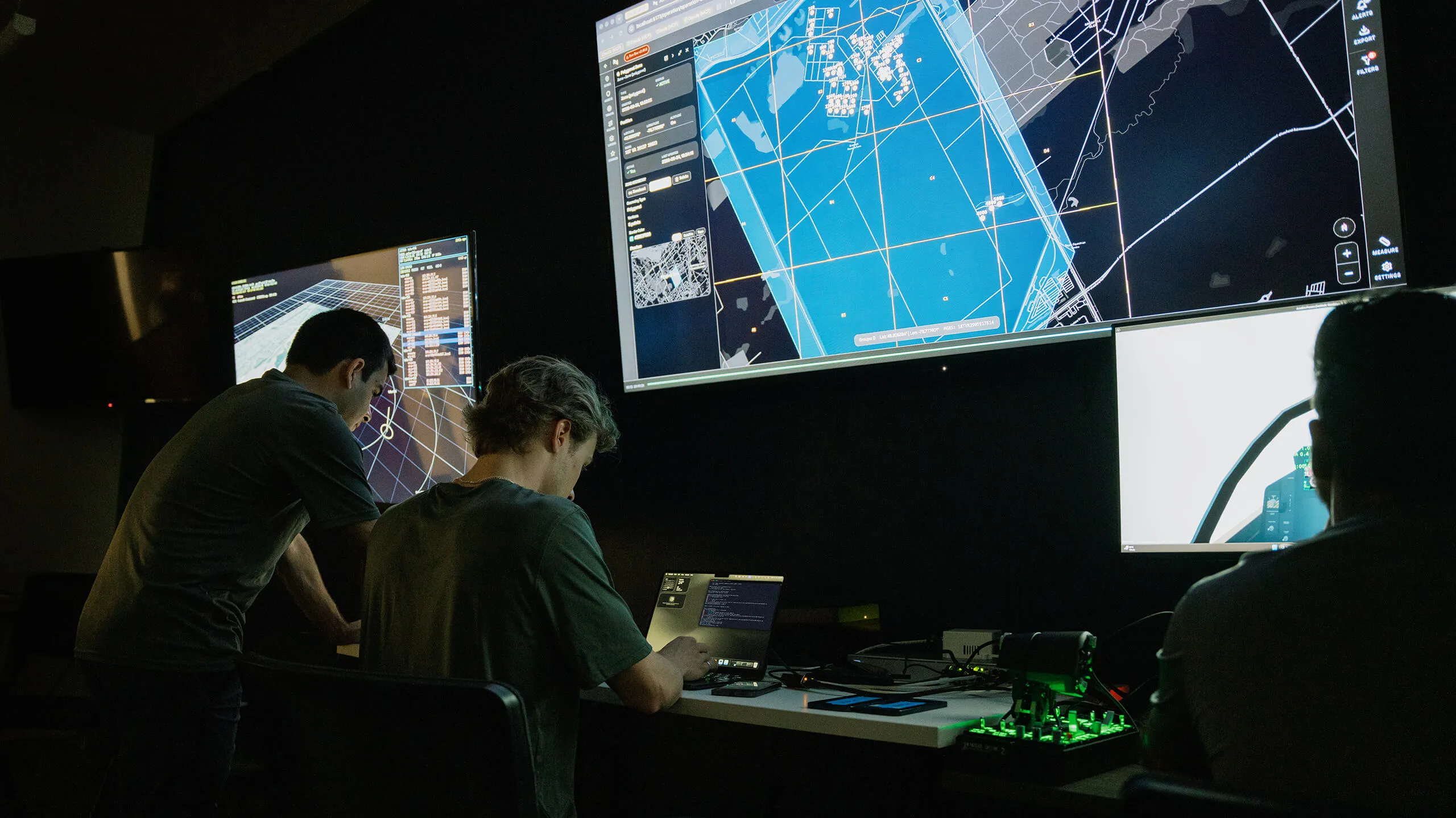 Dominion Dynamics operators in a command center monitoring tactical situational-awareness displays.